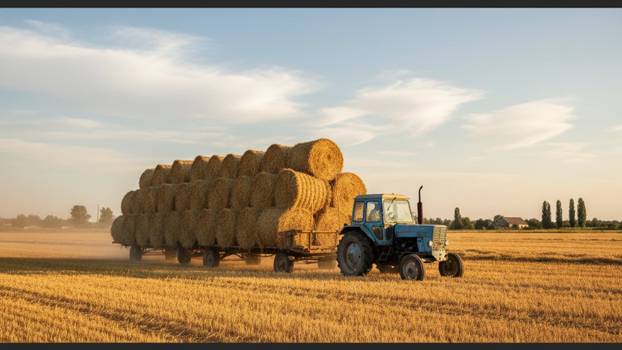 Golden grain and a quiet rural harvest landscape beneath an open sky.